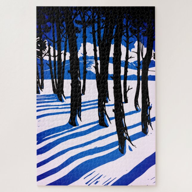 Puzzle Ombres de Forêt d'Hiver – Nature Minimale Bleue (Vertical)