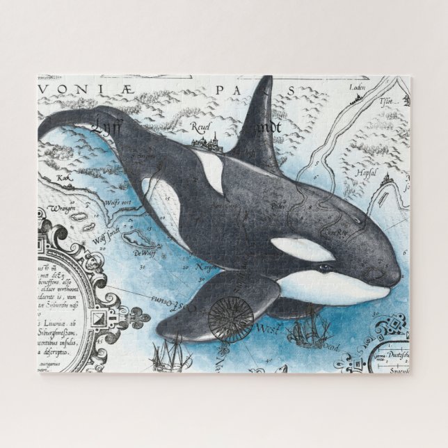 Puzzle Orca Baleine Bleu Aquarelle Carte Nautique (Horizontal)