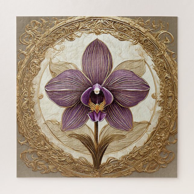 Puzzle Orchidée élégante dans un cadre doré complexe (Vertical)
