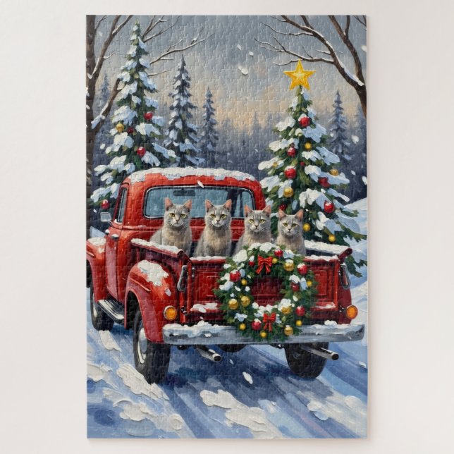 Puzzle Oriental Blue Cat Christmas Red Truck Holiday (Vertical)