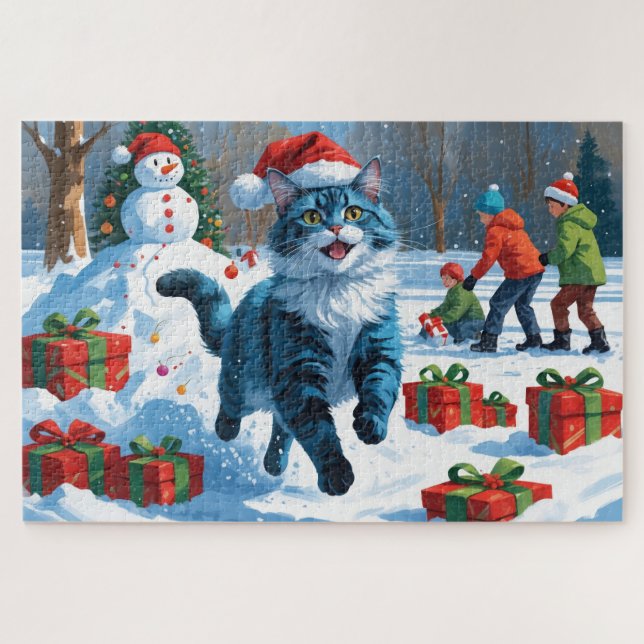 Puzzle Oriental Blue Chat assis dans le Casquette de Noël (Horizontal)