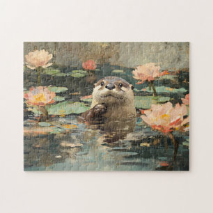 Puzzle Otter avec des fleurs de Lotus Peinture