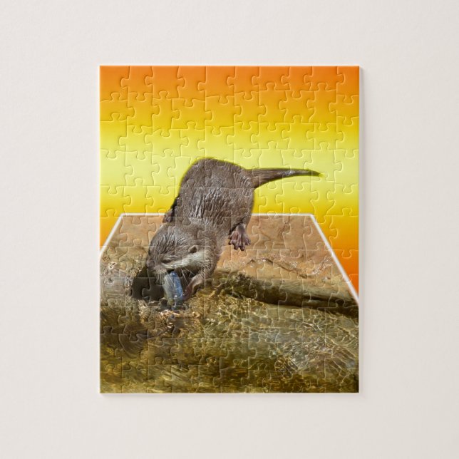 Puzzle Otter Eating Tasty Fish By His Pond, (Vertical)