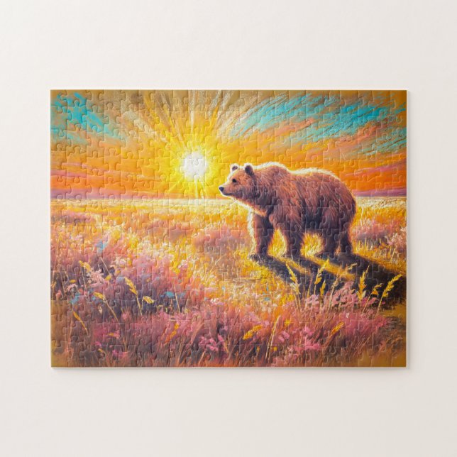 Puzzle Ours Brun Coucher de Soleil Pastel Dessin à la Cra (Horizontal)