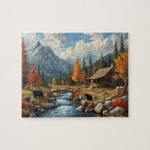 Puzzle Ours de cabane de montagne Scène de ruisseau d'aut