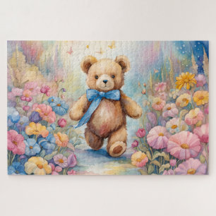 Puzzle Ours en peluche à flâner dans un jardin pastel