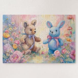 Puzzle Ours en peluche et lapin dans un jardin pastel