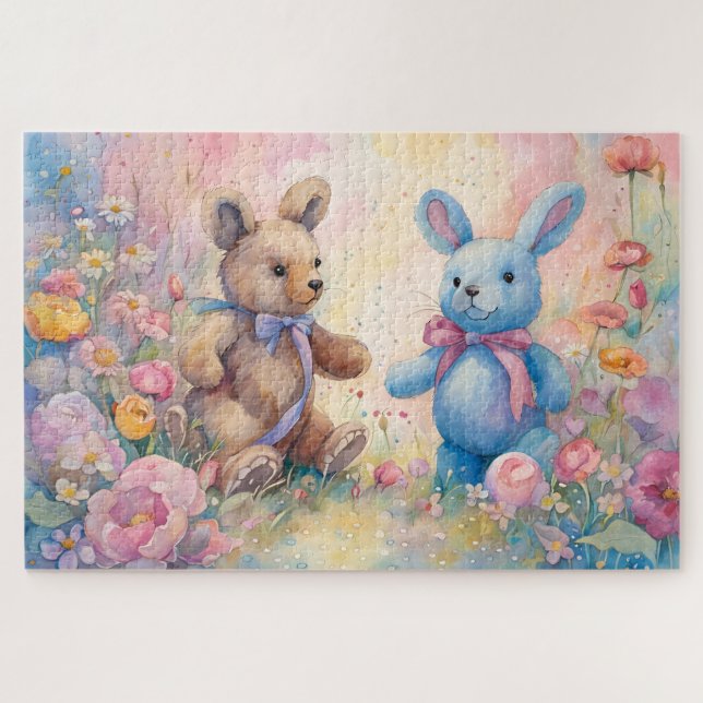 Puzzle Ours en peluche et lapin dans un jardin pastel (Horizontal)