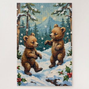 Puzzle Ours en peluche vintage jouant dans un Noël enneig