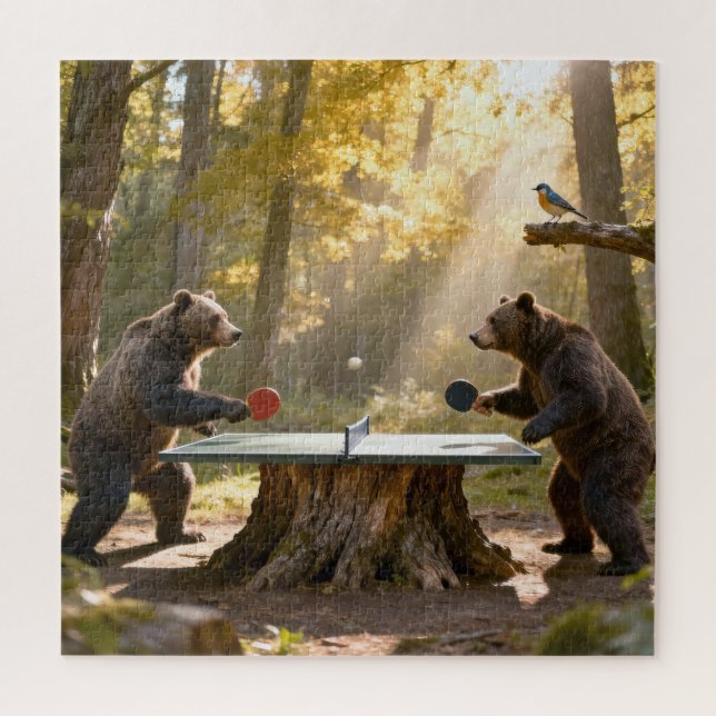Puzzle Ours jouant au ping pong dans une forêt (Vertical)