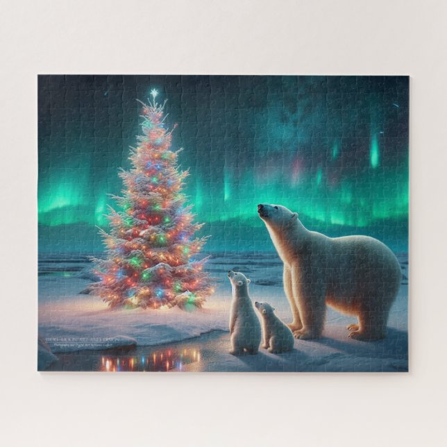 Puzzle Ours Polaire Maman Cubs Arbre de Noël Aurora Borea (Horizontal)