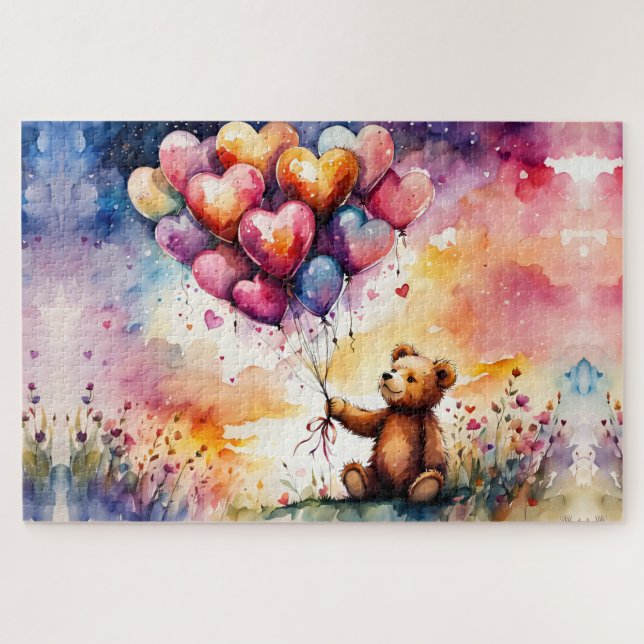 Puzzle ours Valentine Teddy avec ballons en forme de coeu (Horizontal)