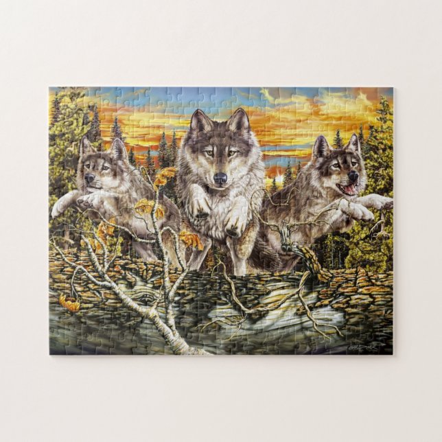 Puzzle Pack of wolves jumping over a log (Horizontal)