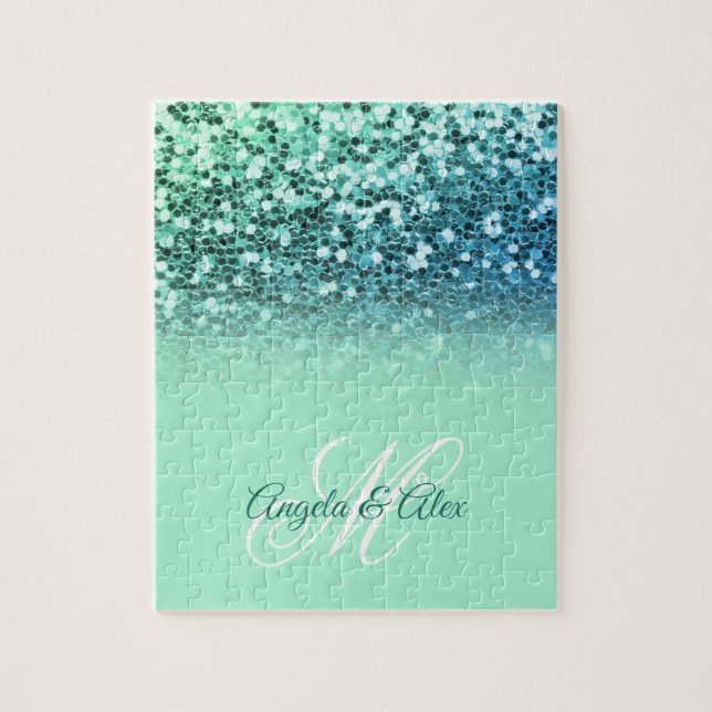 Puzzle Pailleté Bleu Menthe Turquoise Glitter Ombré Monog (Vertical)