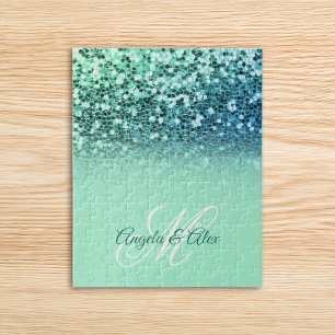 Puzzle Pailleté Bleu Menthe Turquoise Glitter Ombré Monog