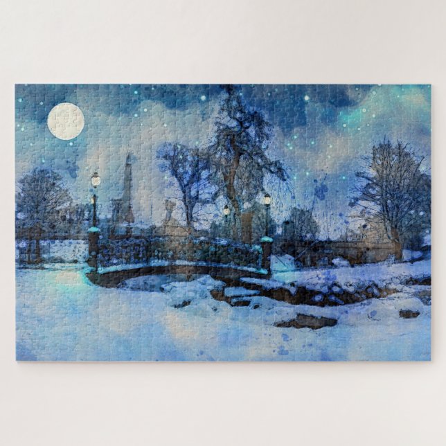 Puzzle Painting of winter night in city park (Horizontal)