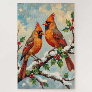 Puzzle Paire de cardinaux vintage sur branche de houx enn