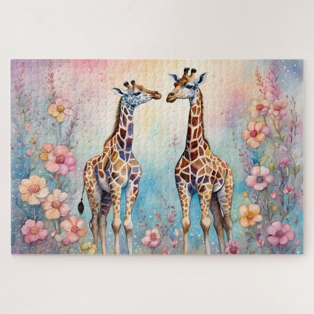 Puzzle Paire de girafes dans un jardin pastel (Horizontal)