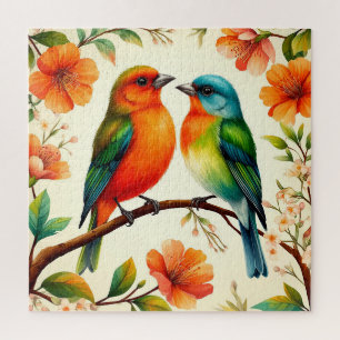 Puzzle Paire d'oiseaux colorés assis parmi des floraisons