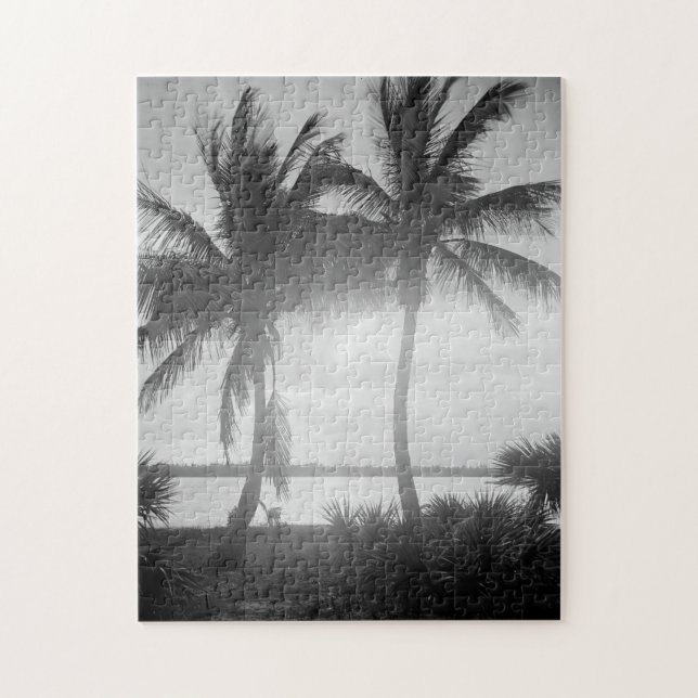 Puzzle Palmiers noirs et blancs au coucher du soleil (Vertical)