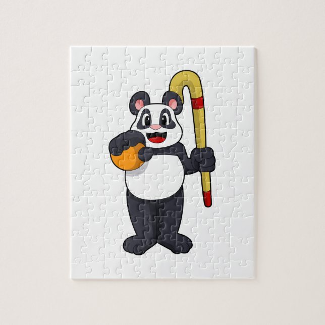 Puzzle Panda at hockey with hockey bat (Vertical)