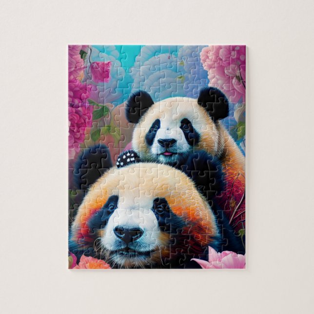 Puzzle Panda Bear et Cub avec Fleurs (Vertical)