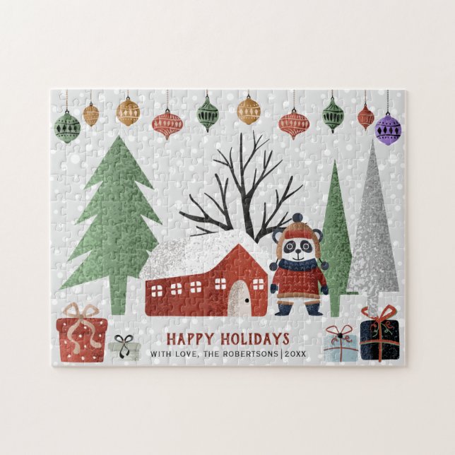 Puzzle Panda d'hiver et arbres Joyeuses fêtes de Noël (Horizontal)