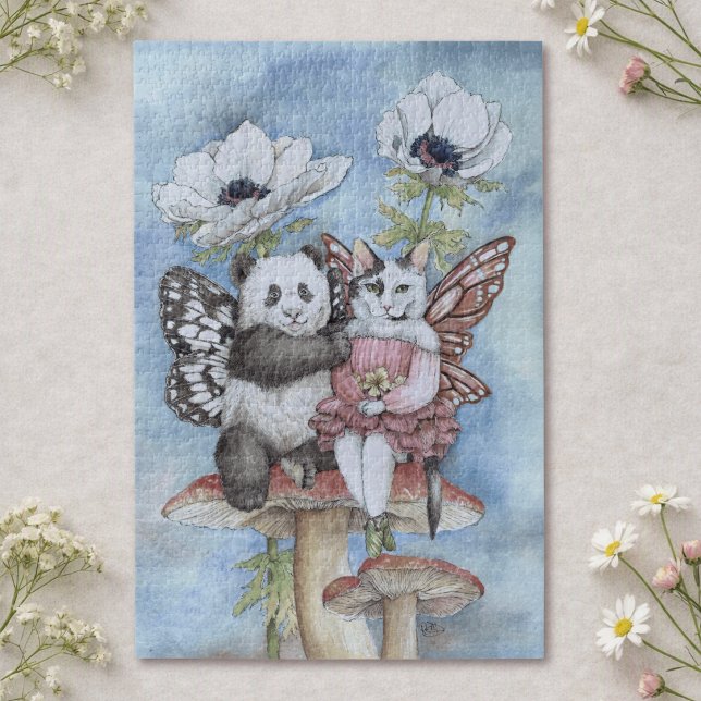 Puzzle Panda et chat fée amis avec des fleurs d'anémone (Créateur téléchargé)