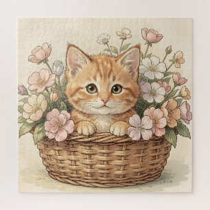 Puzzle Panier de fleurs avec un adorable chaton roux