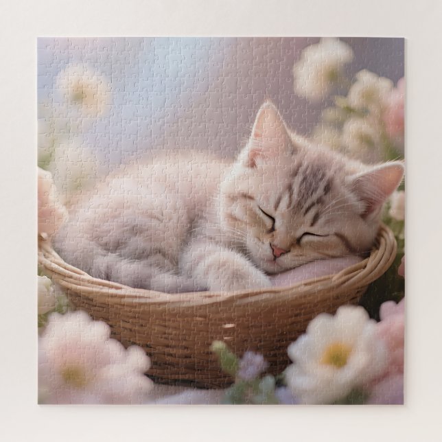 Puzzle Panier floral de chaton endormi rêveur (Vertical)