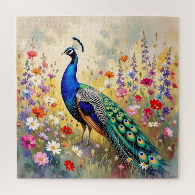 Puzzle Paon bleu et turquoise dans les fleurs (Vertical)