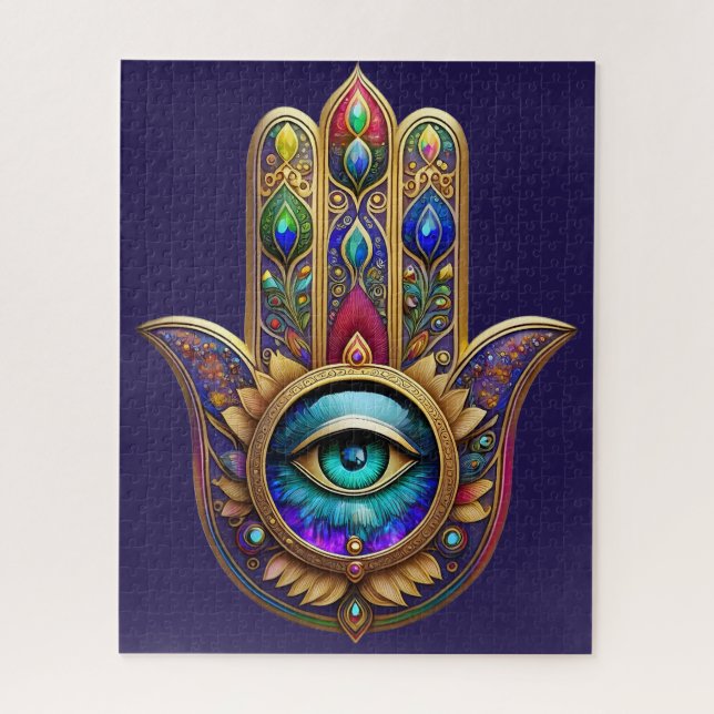 Puzzle Paon Doré Couleurs Hamsa Saphir Troisième Œil (Vertical)