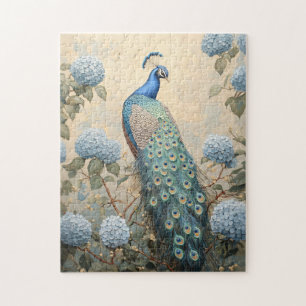 Puzzle Paon Élégant avec Hydrangeas Bleus Peinture à l'Hu