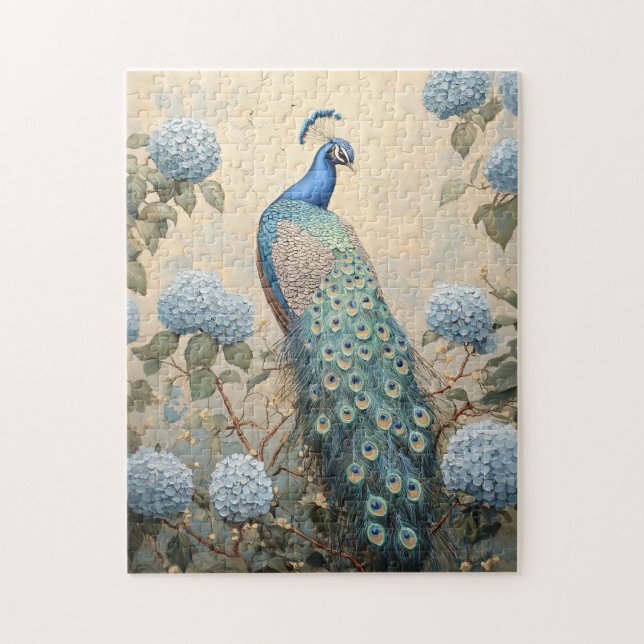 Puzzle Paon Élégant avec Hydrangeas Bleus Peinture à l'Hu (Vertical)