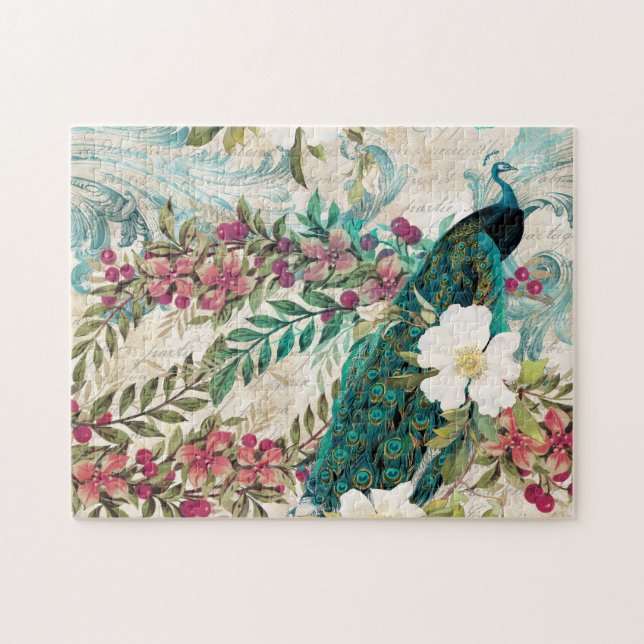 Puzzle Paon et fleurs illustrés antiques grunge (Horizontal)