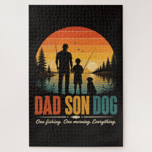 Puzzle Papa Fils Chien Pêche Matin