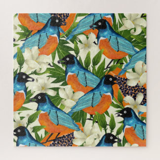 Puzzle papaye tropicale et motif d'oiseaux.