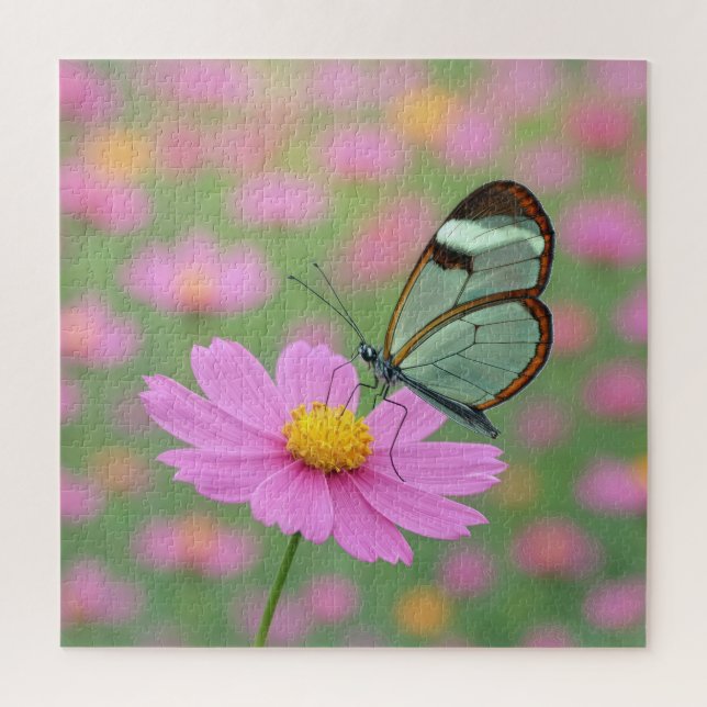 Puzzle Papillon à ailes de verre sur une fleur de cosmos (Vertical)