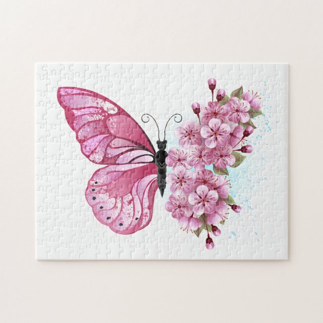 Puzzle Papillon à fleurs avec Sakura rose (Horizontal)