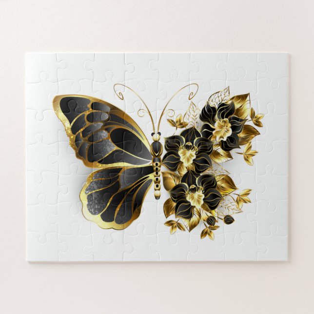 Puzzle Papillon à fleurs d'or avec orchidée noire (Horizontal)
