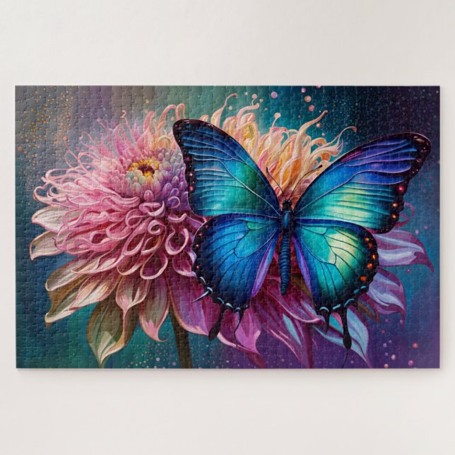 Puzzle Papillon bleu et Dahlia (Horizontal)