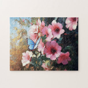 Puzzle Papillon bleu Fleurs roses Peinture
