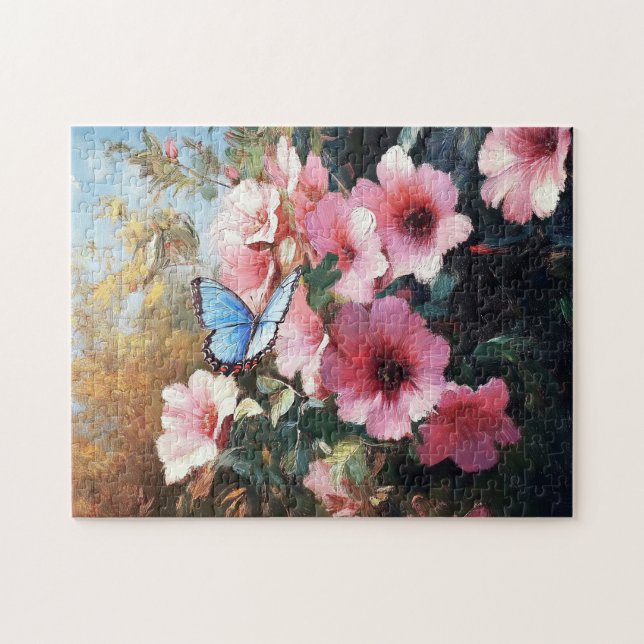 Puzzle Papillon bleu Fleurs roses Peinture (Horizontal)