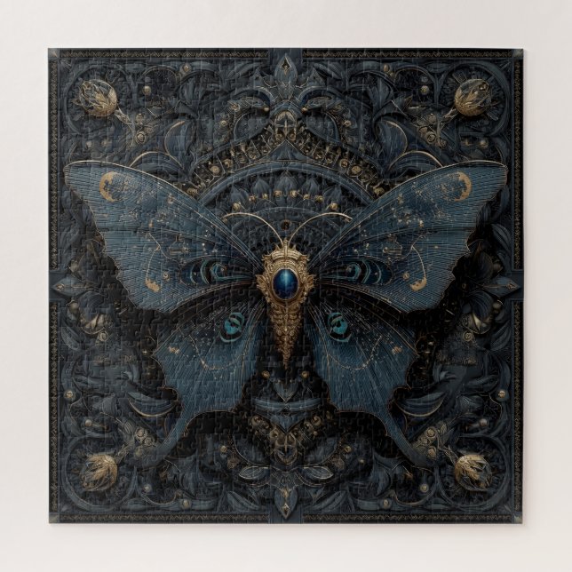 Puzzle Papillon bleu foncé orné de filigrane doré  (Vertical)
