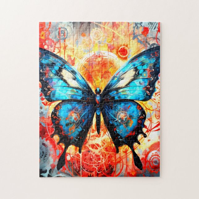 Puzzle Papillon bleu peint avec Arrière - plan d'engrenag (Vertical)