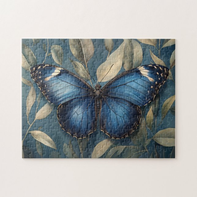 Puzzle Papillon bleu reposant sur le feuillage (Horizontal)