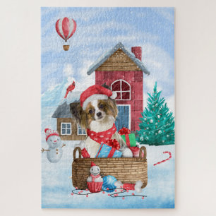 Puzzle Papillon Chien dans la maison de Noël enneigée
