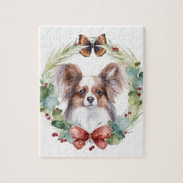 Puzzle Papillon Christmas Wreath Festive Pup (Vertical)