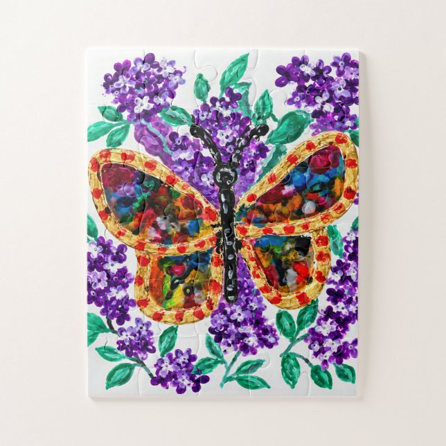 Puzzle Papillon Coloré Parmi les Fleurs Violettes (Vertical)