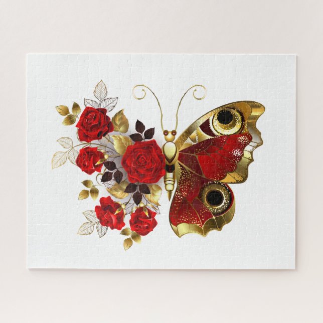 Puzzle Papillon de fleurs rouges aux roses rouges (Horizontal)